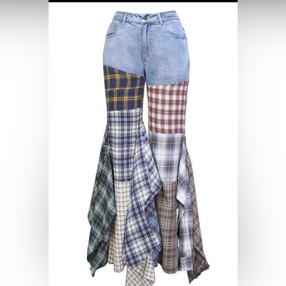 NWT! REHAB LAB Plaid Patchwork Mixed Media Flannel Flare Leg Denim Jeans Pants - Picture 10 of 15
